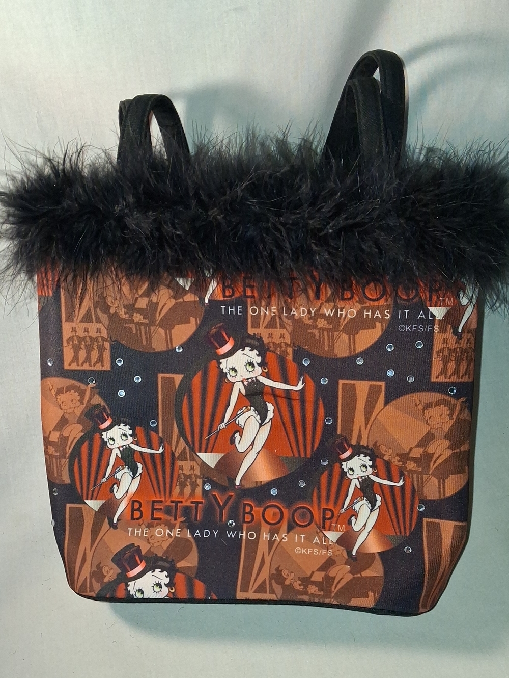 Vintage 2003 Betty Boop Brown & Black Feather Trim Tote Long Handles